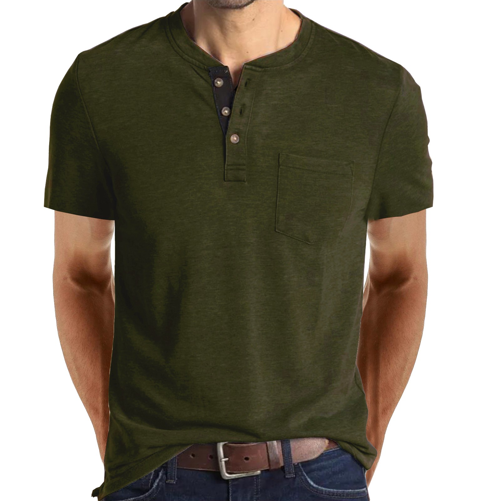 thumbnail image 2 of Camisa de manga corta con cuello redondo y botones para hombre: poliéster, color liso, informal/de ocio, tallas grandes, invierno/primavera, 2 of 8